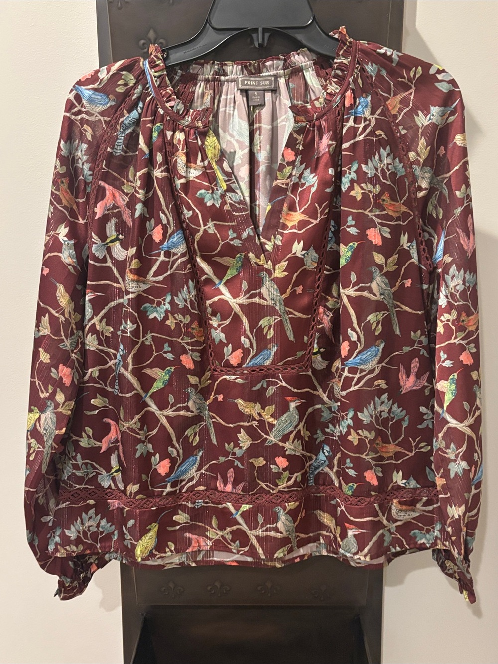 Pont Neuf Burgundy Bird-Print Peasant Blouse